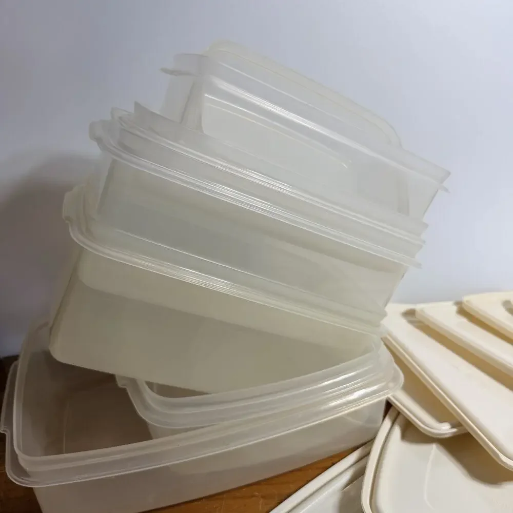 Set 7 Vtg Rubbermaid Servin Saver Rectangle Square Food Containers Almond Lids